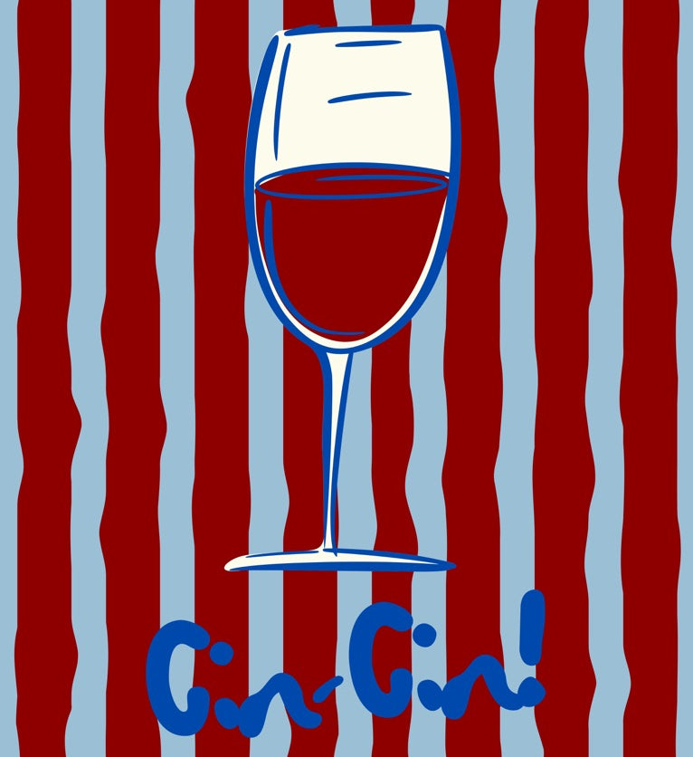 Wine glass with red wine and 'Cin Cin!' text on a red and blue striped background